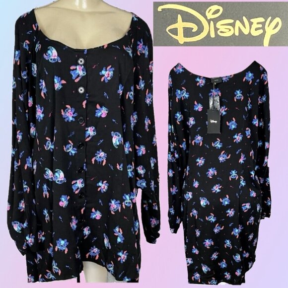 Disney +5 Black Button Down Lilo & Stitch Graphic Step-Hemline Long Sleeve Shirt - Picture 1 of 6